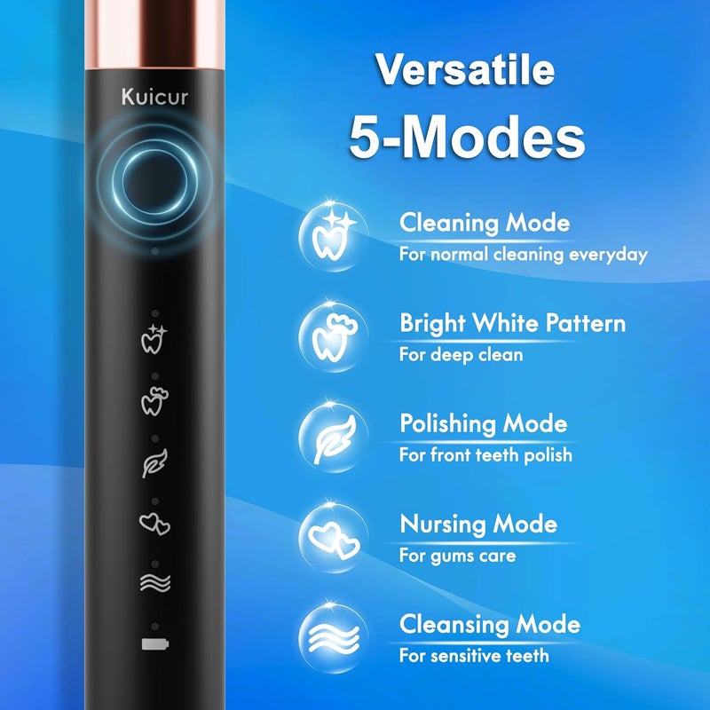 Kuicur Sonic Electric Toothbrush for Adults and Kids, Comes with 10 Brush Heads & Travel Case, 5 Modes with 2 Minutes Built in Smart Timer, One Charge for 90 Days, 42,000 VPM Motor (Black) - Image 3